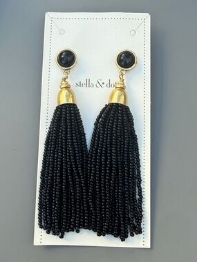 Stella & Dot Black Beaded Tassel Earrings with Gold Caps